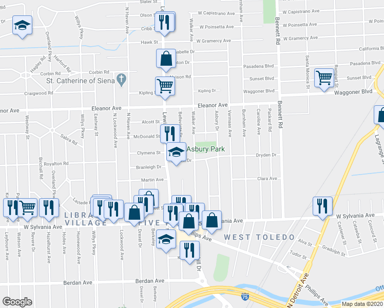 map of restaurants, bars, coffee shops, grocery stores, and more near 4303 Walker Avenue in Toledo