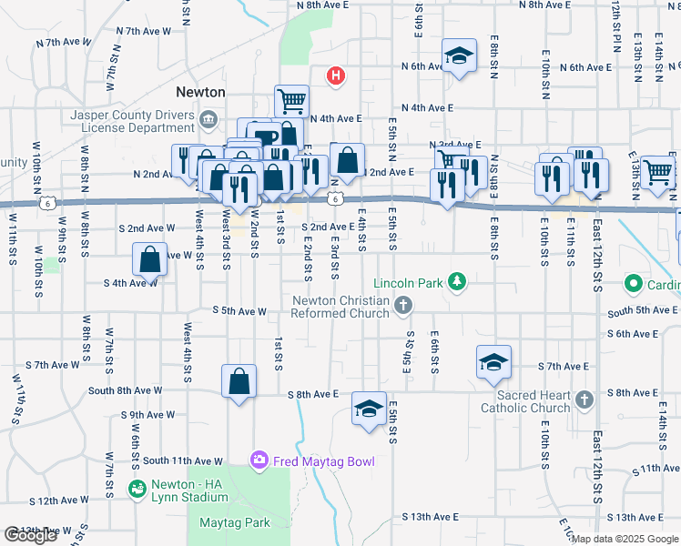 map of restaurants, bars, coffee shops, grocery stores, and more near 320 East 3rd Street South in Newton