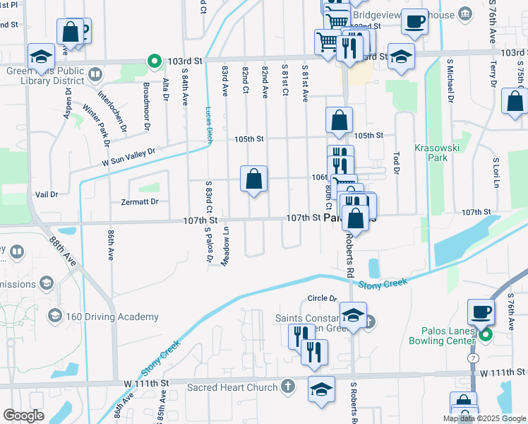 map of restaurants, bars, coffee shops, grocery stores, and more near 8200 West 107th Street in Palos Hills
