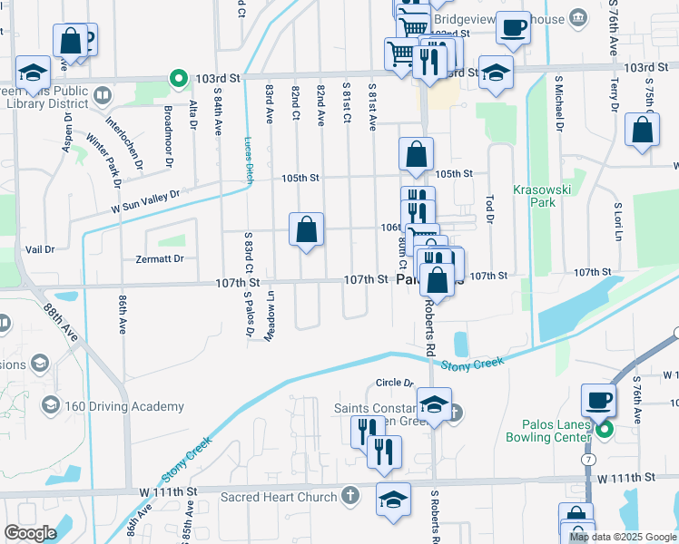 map of restaurants, bars, coffee shops, grocery stores, and more near 8200 West 107th Street in Palos Hills