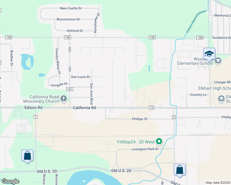 map of restaurants, bars, coffee shops, grocery stores, and more near 54886 Eisenhower Drive in Elkhart