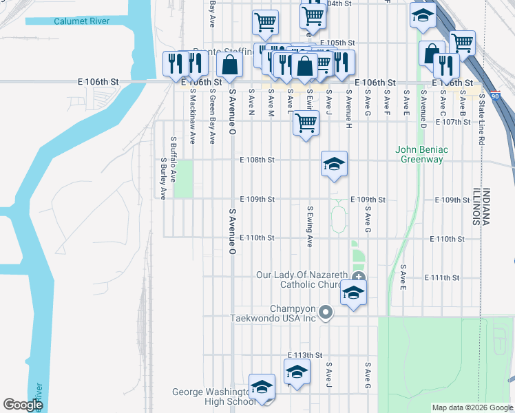map of restaurants, bars, coffee shops, grocery stores, and more near 10909 South Avenue North in Chicago