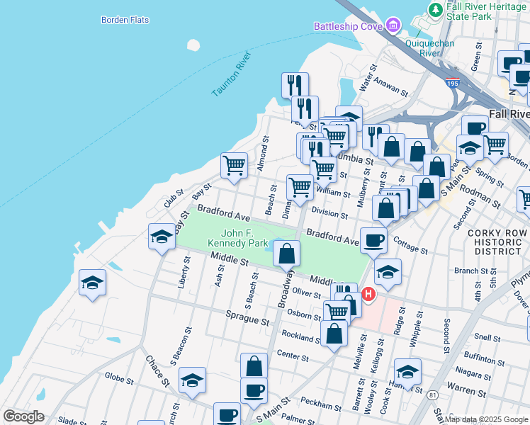 map of restaurants, bars, coffee shops, grocery stores, and more near 209 Beach Street in Fall River