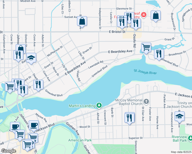 map of restaurants, bars, coffee shops, grocery stores, and more near 1501 Greenleaf Boulevard in Elkhart