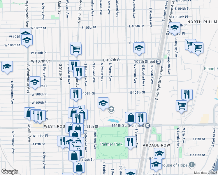 map of restaurants, bars, coffee shops, grocery stores, and more near 10840 South Forest Avenue in Chicago