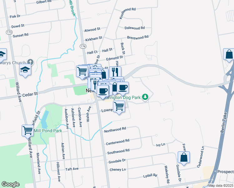 map of restaurants, bars, coffee shops, grocery stores, and more near 200 Market Square in Newington