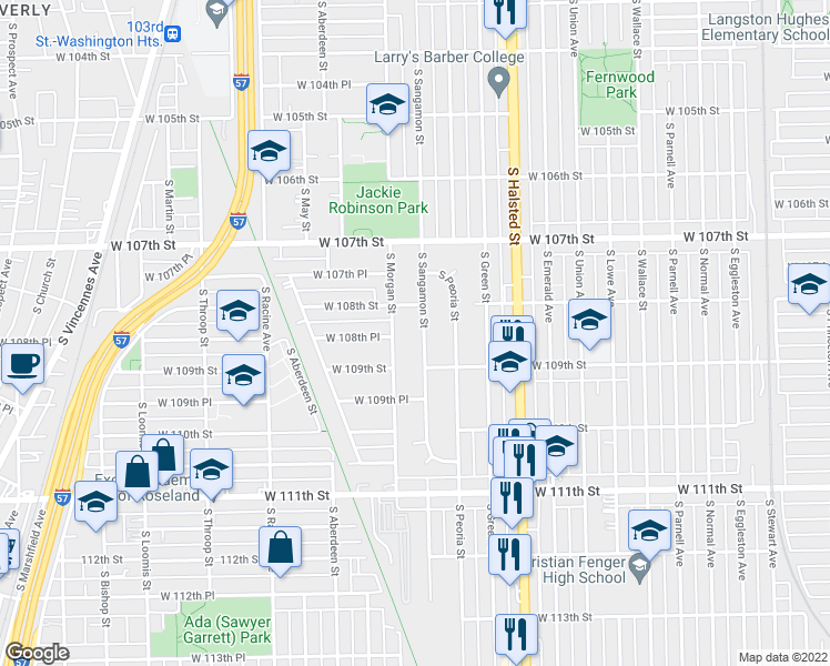 map of restaurants, bars, coffee shops, grocery stores, and more near 10826 South Sangamon Street in Chicago