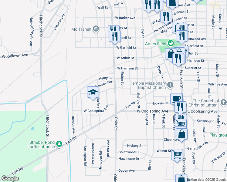 map of restaurants, bars, coffee shops, grocery stores, and more near 2503 Ohio Street in Michigan City