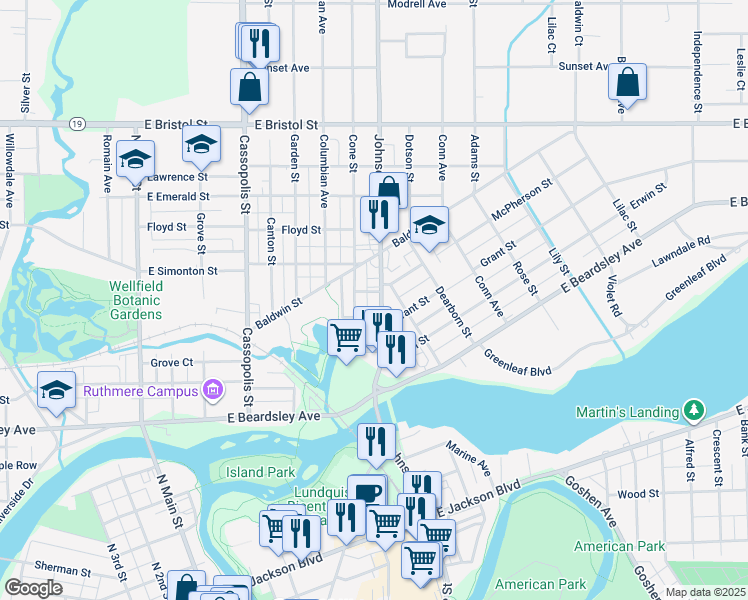 map of restaurants, bars, coffee shops, grocery stores, and more near 1053 Johnson Street in Elkhart