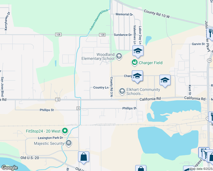 map of restaurants, bars, coffee shops, grocery stores, and more near 28789 Country Lane in Elkhart