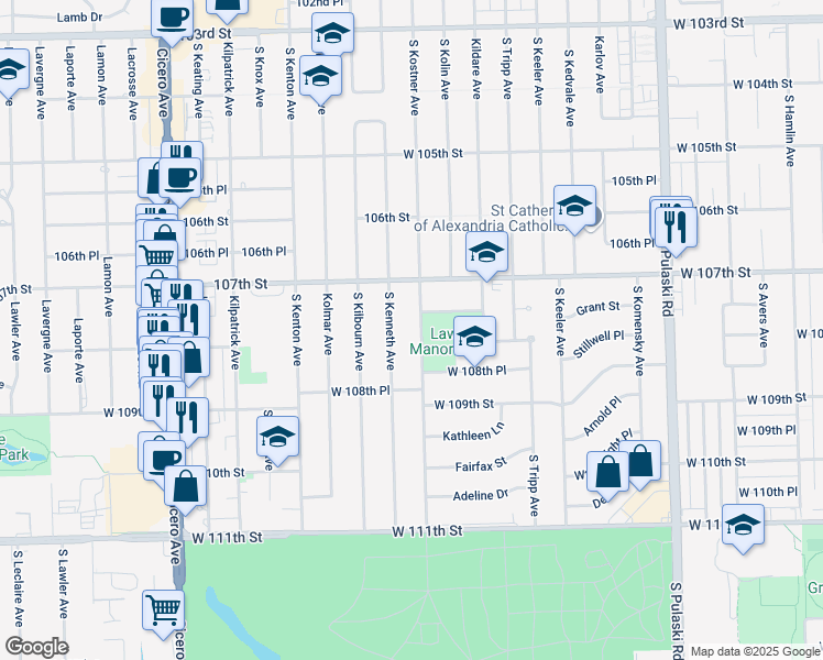 map of restaurants, bars, coffee shops, grocery stores, and more near 10736 South Kostner Avenue in Oak Lawn