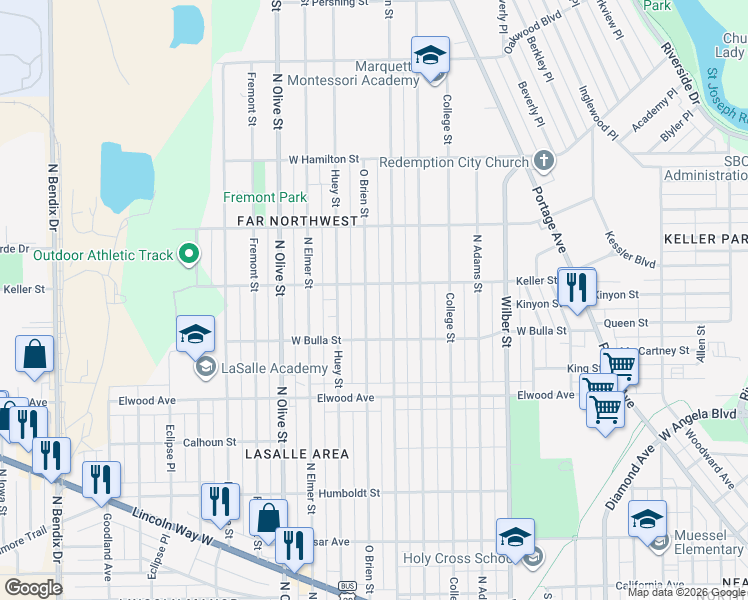 map of restaurants, bars, coffee shops, grocery stores, and more near 1646 O Brien Street in South Bend
