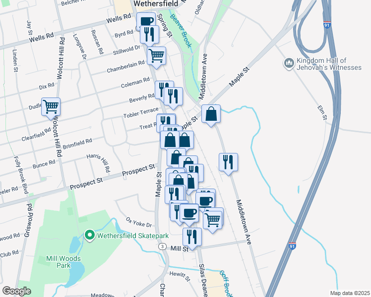 map of restaurants, bars, coffee shops, grocery stores, and more near 966 Silas Deane Highway in Wethersfield