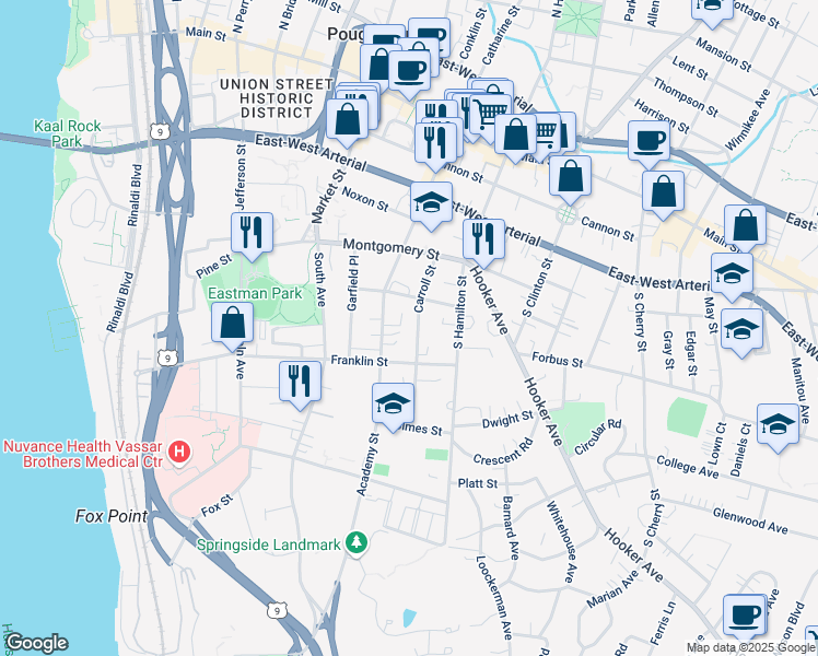 map of restaurants, bars, coffee shops, grocery stores, and more near 44 Carroll Street in Poughkeepsie