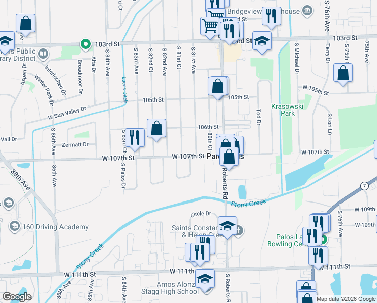 map of restaurants, bars, coffee shops, grocery stores, and more near 10685 South 81st Court in Palos Hills