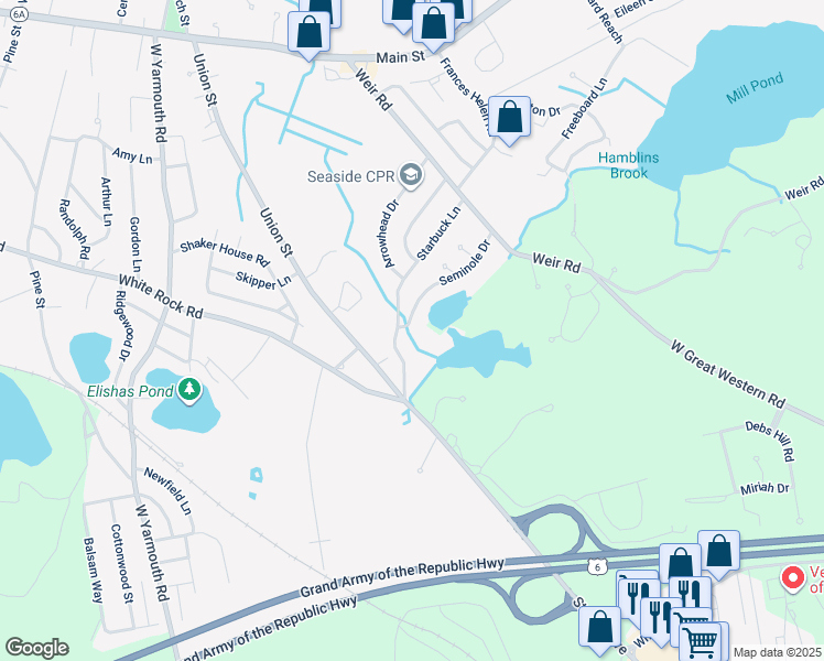 map of restaurants, bars, coffee shops, grocery stores, and more near 6 Seminole Dr in Yarmouth