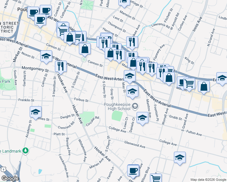 map of restaurants, bars, coffee shops, grocery stores, and more near 1 Gray Street in Poughkeepsie