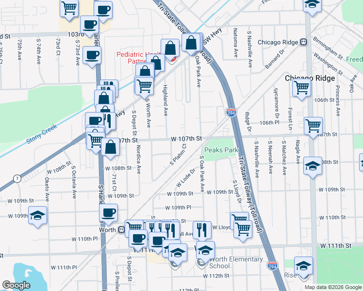 map of restaurants, bars, coffee shops, grocery stores, and more near 10708 South Plahm Court in Worth