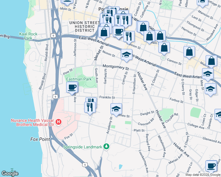 map of restaurants, bars, coffee shops, grocery stores, and more near 124 Academy St in Poughkeepsie