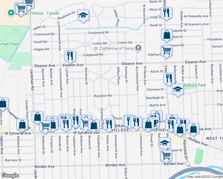 map of restaurants, bars, coffee shops, grocery stores, and more near 4322 Lowe Road in Toledo