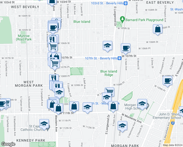 map of restaurants, bars, coffee shops, grocery stores, and more near 2122 West 108th Place in Chicago
