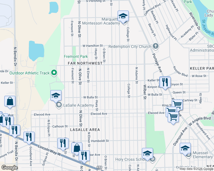 map of restaurants, bars, coffee shops, grocery stores, and more near 1646 O Brien Street in South Bend