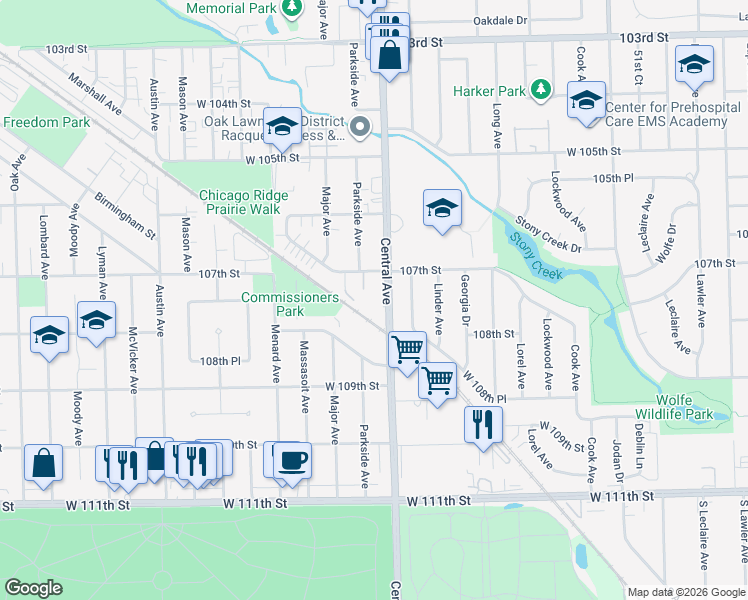 map of restaurants, bars, coffee shops, grocery stores, and more near 10720 Central Avenue in Chicago Ridge