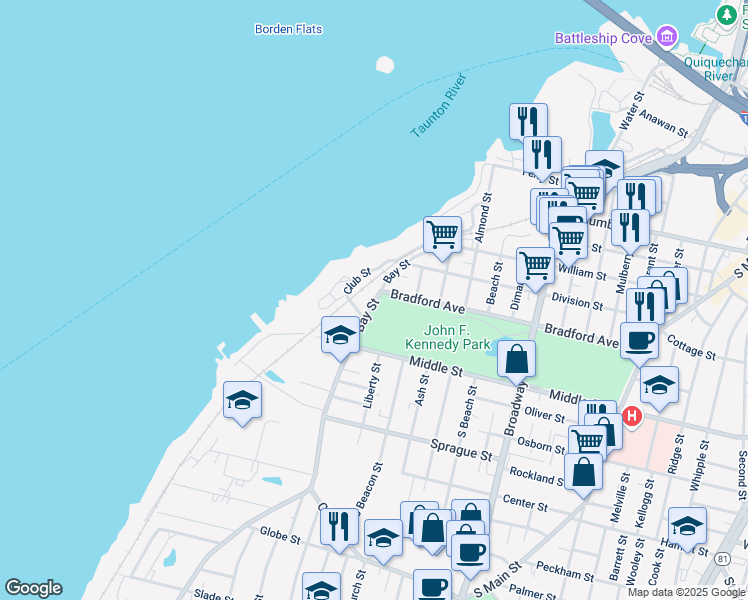 map of restaurants, bars, coffee shops, grocery stores, and more near in Fall River