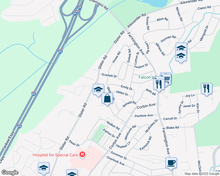 map of restaurants, bars, coffee shops, grocery stores, and more near 97 Skipper St in New Britain