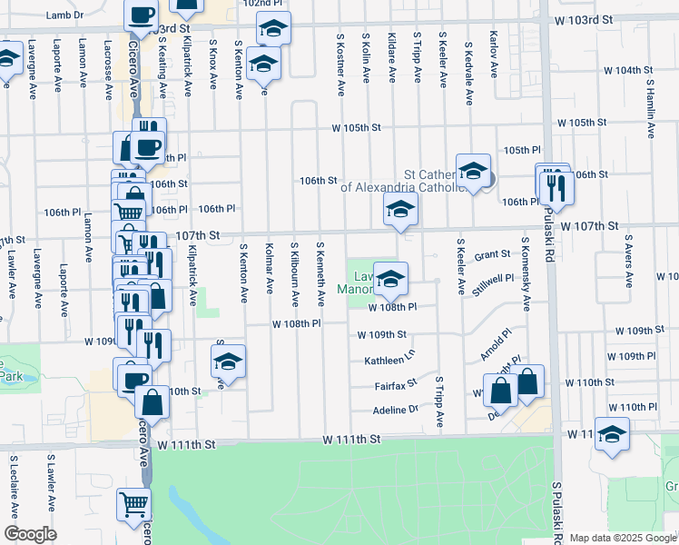 map of restaurants, bars, coffee shops, grocery stores, and more near 10736 South Kostner Avenue in Oak Lawn