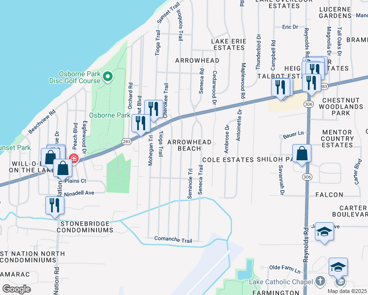 map of restaurants, bars, coffee shops, grocery stores, and more near 6413 Iroquois Trail in Mentor