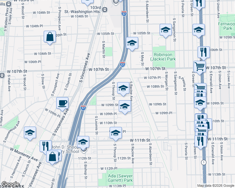 map of restaurants, bars, coffee shops, grocery stores, and more near 1240 West 108th Place in Chicago