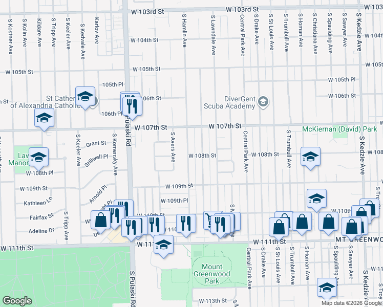 map of restaurants, bars, coffee shops, grocery stores, and more near 10759 South Hamlin Avenue in Chicago