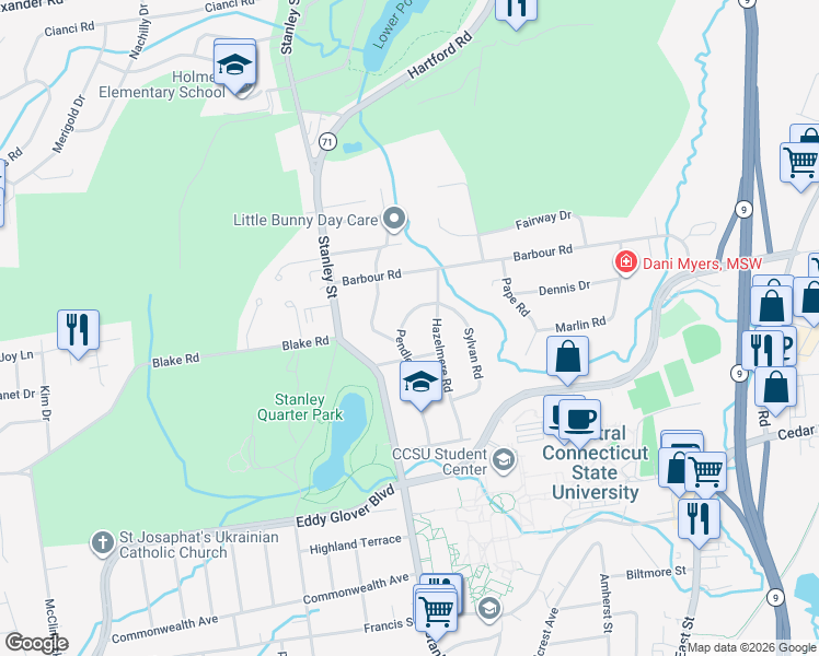 map of restaurants, bars, coffee shops, grocery stores, and more near 131 Pendleton Road in New Britain