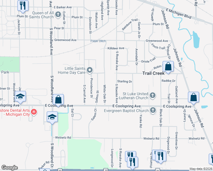 map of restaurants, bars, coffee shops, grocery stores, and more near 616 White Oak Drive in Michigan City