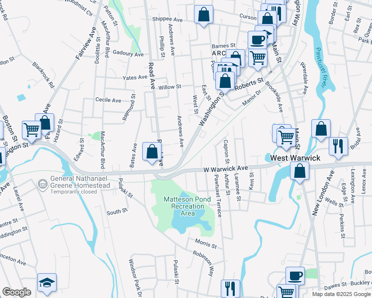 map of restaurants, bars, coffee shops, grocery stores, and more near 361 Washington Street in West Warwick