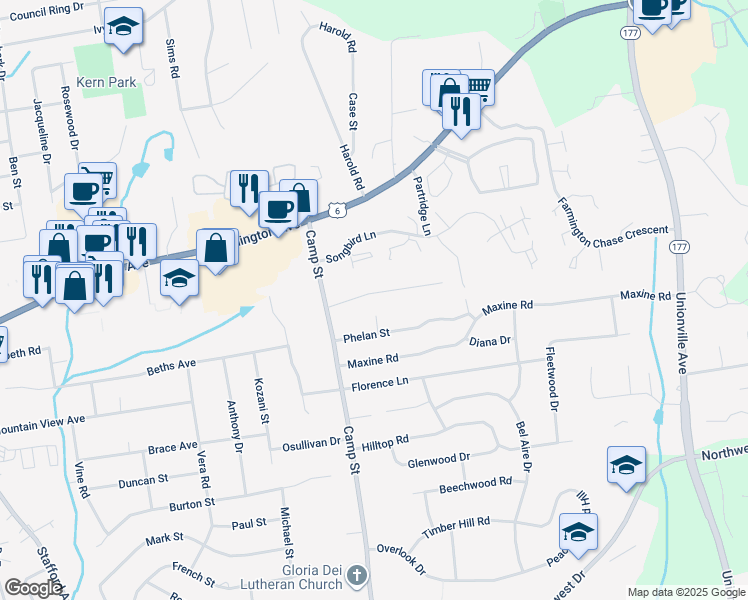 map of restaurants, bars, coffee shops, grocery stores, and more near 22 Junior Road in Farmington
