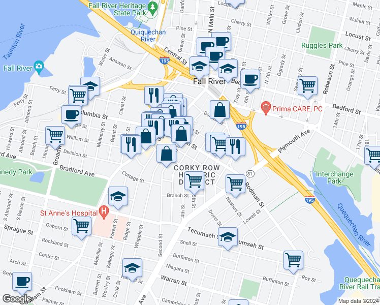 map of restaurants, bars, coffee shops, grocery stores, and more near 378 Third Street in Fall River