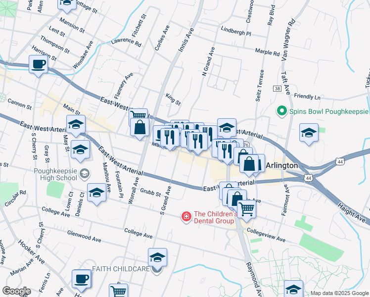 map of restaurants, bars, coffee shops, grocery stores, and more near 743 Main Street in Arlington