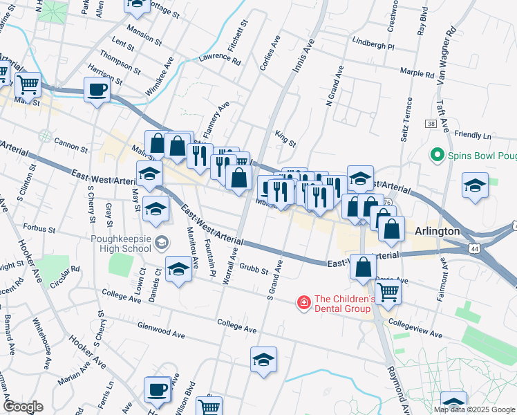 map of restaurants, bars, coffee shops, grocery stores, and more near 714 Main Street in Poughkeepsie