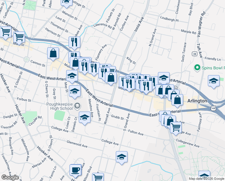 map of restaurants, bars, coffee shops, grocery stores, and more near 24 Reynolds Avenue in Poughkeepsie