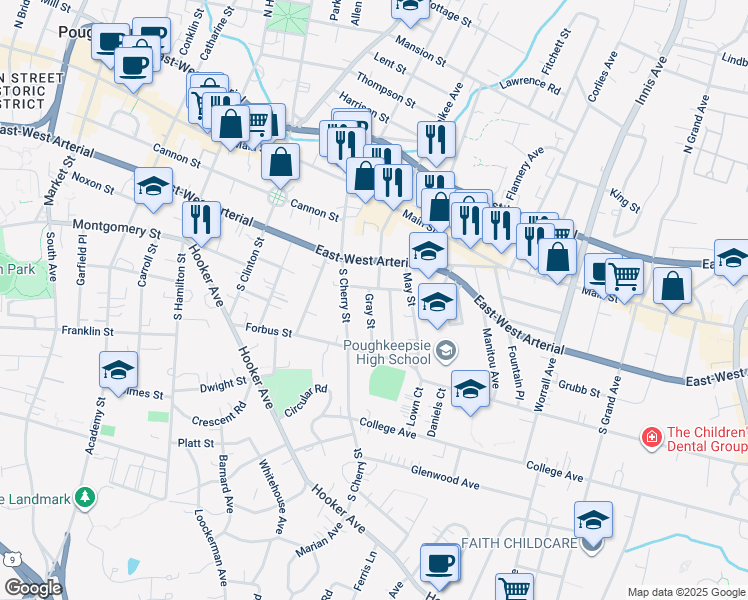 map of restaurants, bars, coffee shops, grocery stores, and more near 1 Gray Street in Poughkeepsie