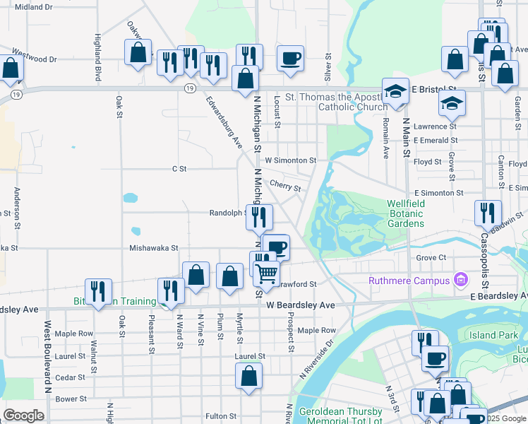 map of restaurants, bars, coffee shops, grocery stores, and more near 1123 Edwardsburg Avenue in Elkhart