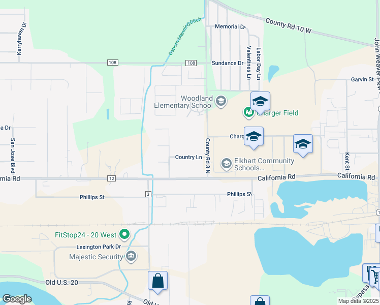 map of restaurants, bars, coffee shops, grocery stores, and more near 28789 Country Lane in Elkhart