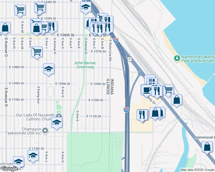 map of restaurants, bars, coffee shops, grocery stores, and more near 4031 East 109th Street in Chicago