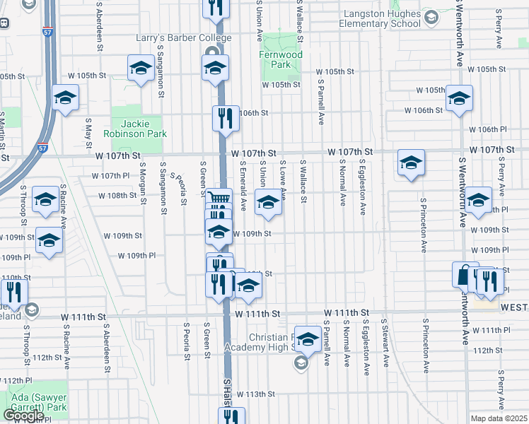 map of restaurants, bars, coffee shops, grocery stores, and more near 10824 South Union Avenue in Chicago