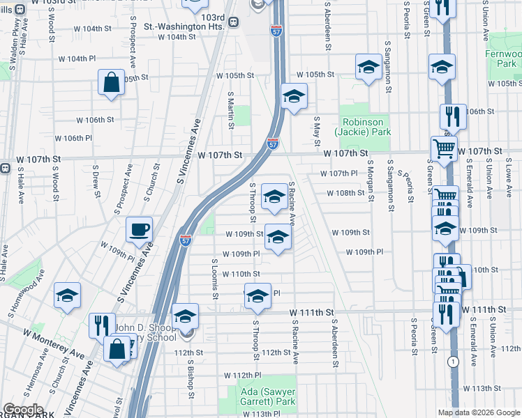 map of restaurants, bars, coffee shops, grocery stores, and more near 1240 West 108th Place in Chicago