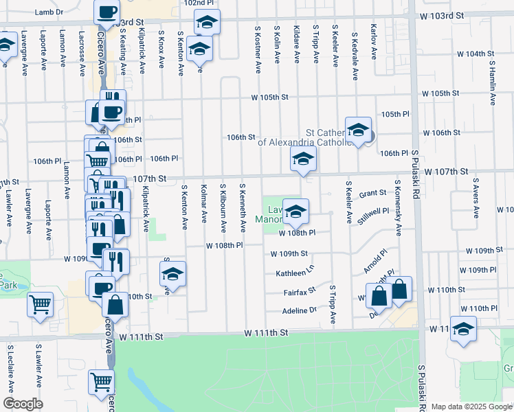 map of restaurants, bars, coffee shops, grocery stores, and more near 10736 South Kostner Avenue in Oak Lawn