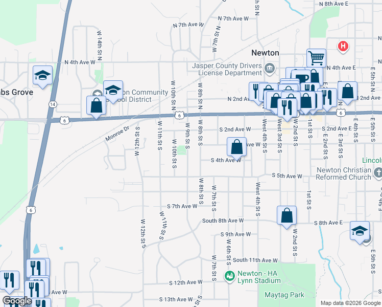 map of restaurants, bars, coffee shops, grocery stores, and more near 319 West 8th Street South in Newton