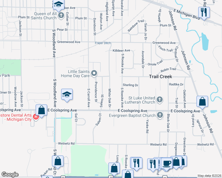 map of restaurants, bars, coffee shops, grocery stores, and more near 616 White Oak Drive in Michigan City